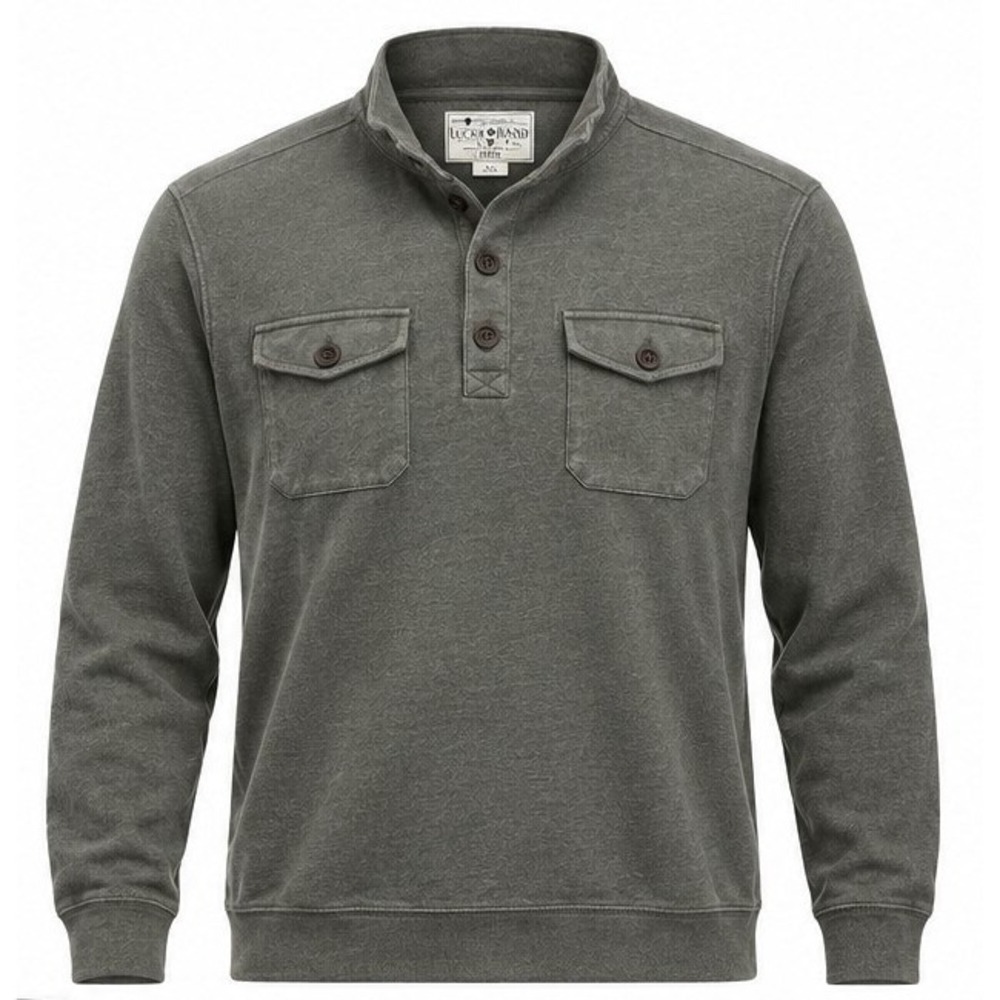 Lucky Brand Mens XXL Olive Green Mock Neck Button Pullover Sweatshirt Pockets